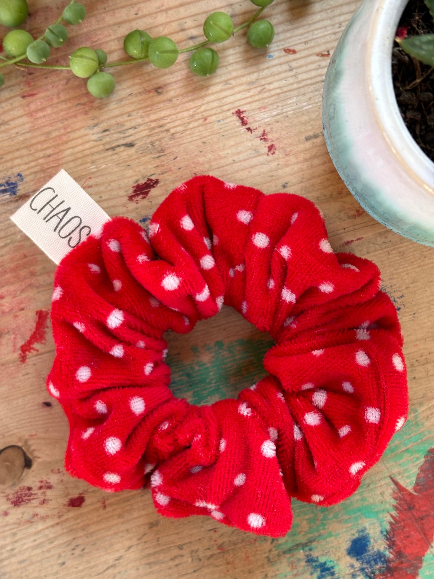 Berry Red Polka Fleece Scrunchie